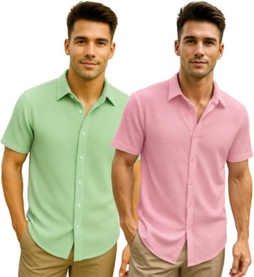 METRONAUT Men Solid Casual Green, Pink Shirt(Pack of 2)