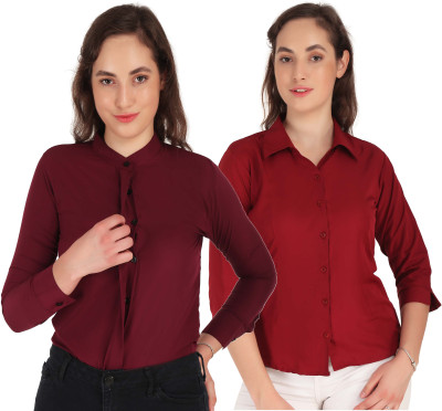 Mamnoon Women Solid Casual Brown, Maroon Shirt(Pack of 2)
