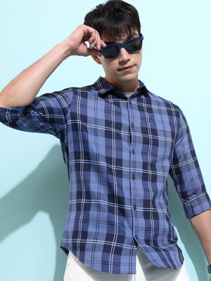 HIGHLANDER Men Checkered Casual Dark Blue Shirt