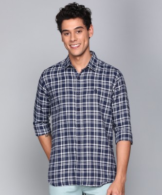 GIORDANO Men Checkered Casual Dark Blue, White Shirt