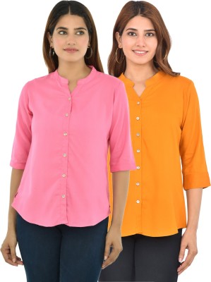 FABISHO Women Solid Casual Pink, Orange Shirt(Pack of 2)