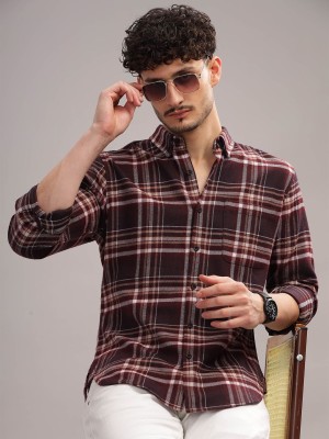 HERE&NOW Men Checkered Casual Brown Shirt