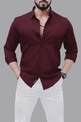 MUMIN Men Solid Formal Maroon Shirt
