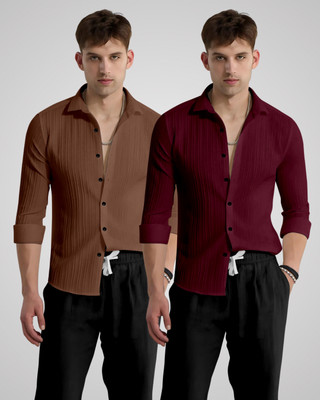 kruze Men Self Design Casual Brown, Maroon Shirt(Pack of 2)