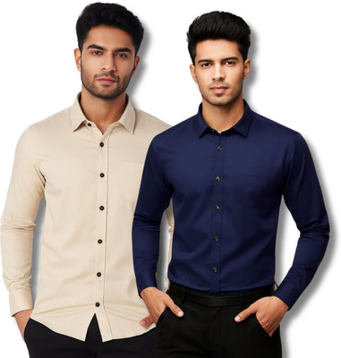 GOD HEART Men Solid Casual Beige, Dark Blue Shirt(Pack of 2)