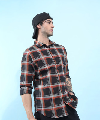 HIGHLANDER Men Checkered Casual Black, Orange, Grey Shirt