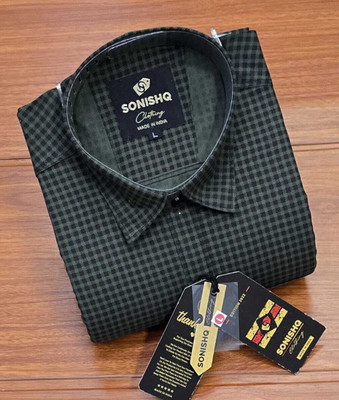 SONISHQ Men Checkered Casual Green Shirt