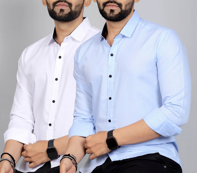 METRONAUT Men Solid Casual White, Light Blue Shirt(Pack of 2)