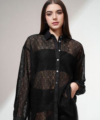 Tokyo Talkies Women Self Design Casual Black Shirt