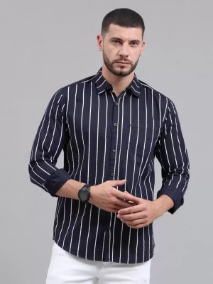 SK Fashion Men Striped Casual Dark Blue Shirt