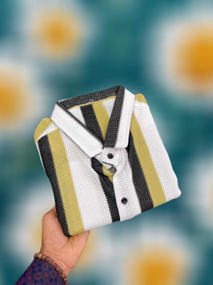 Ekado Fashion Men Striped Casual Yellow Shirt
