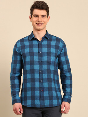 Linen Club Men Checkered Casual Dark Blue Shirt