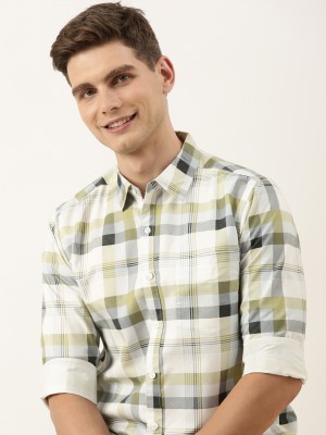 Broon Men Striped Casual White, Dark Green Shirt