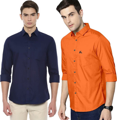 Modernity Men Self Design Casual Orange, Dark Blue Shirt(Pack of 2)