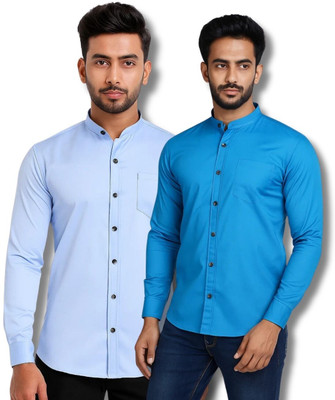 CROWNTAIL Men Solid Casual Light Blue, Blue Shirt(Pack of 2)