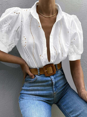 OUTZIDR Women Self Design Party White Shirt