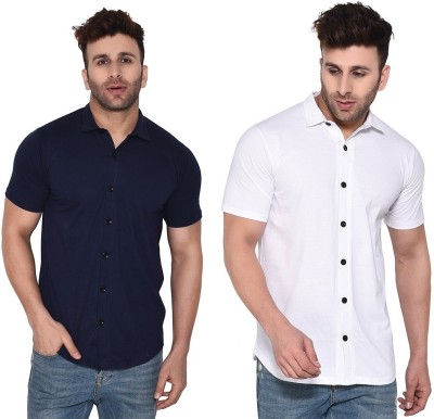 Money Leaf Men Solid Casual Dark Blue, White Shirt(Pack of 2)