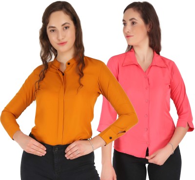 Hunoor Women Solid Formal Orange, Pink Shirt(Pack of 2)