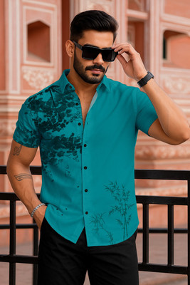 RIEVAA Men Floral Print Casual Dark Blue Shirt