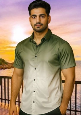 Varni Creation Men Dyed/Ombre Casual Green, White Shirt