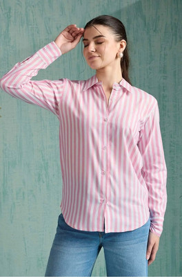 Black Robin Women Striped Casual Pink Shirt