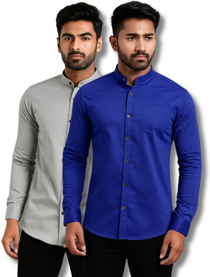 ClothTheory Men Solid Casual Grey, Dark Blue Shirt(Pack of 2)