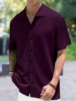 MUMIN Men Self Design Casual Purple Shirt