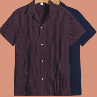 Looksky Men Self Design Casual Purple, Dark Blue Shirt(Pack of 2)