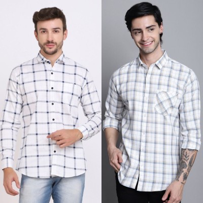 HANUMNTRA Men Checkered Casual White, Grey Shirt(Pack of 2)