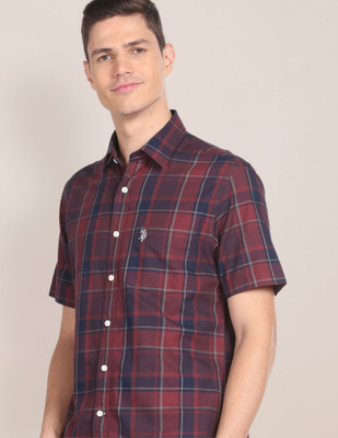 U.S. POLO ASSN. Men Checkered Casual Dark Blue, Maroon, Grey Shirt