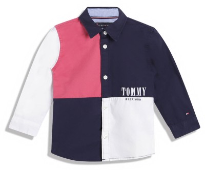 TOMMY HILFIGER Boys Color Block Casual White, Pink, Dark Blue Shirt