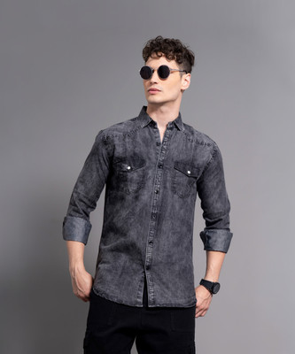 GRANDSTITCH Men Washed Casual Black Shirt