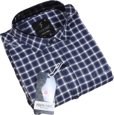 youth first Men Checkered Casual Dark Blue Shirt