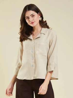 J TURRITOPSIS Women Solid Casual Cream Shirt
