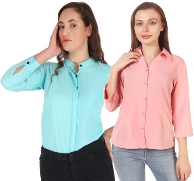 Hunoor Women Solid Formal Pink, Light Blue Shirt(Pack of 2)