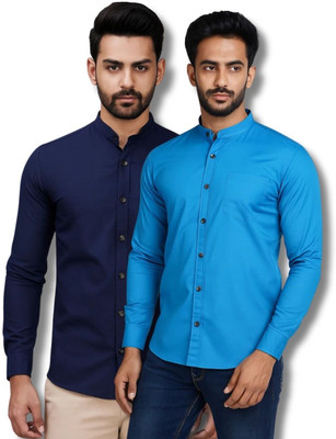 MAHIRAN Men Solid Casual Dark Blue, Blue Shirt(Pack of 2)