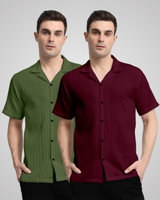 VK Couture Men Self Design, Striped Casual Green, Maroon Shirt(Pack of 2)