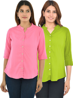 FABISHO Women Solid Casual Green, Pink Shirt(Pack of 2)