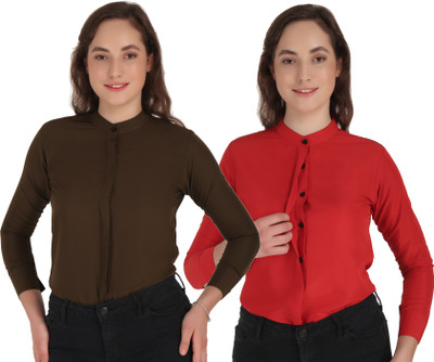 Giggles Women Solid Casual Brown, Red Shirt(Pack of 2)