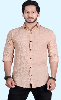 PEARL OCEAN Men Checkered Casual Beige Shirt