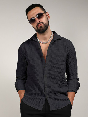 Solbiza Men Self Design Casual Black Shirt