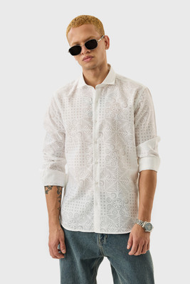 Snitch Men Self Design Casual White Shirt