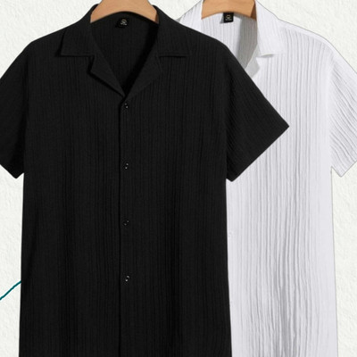 Looksky Men Self Design Casual Black, White Shirt