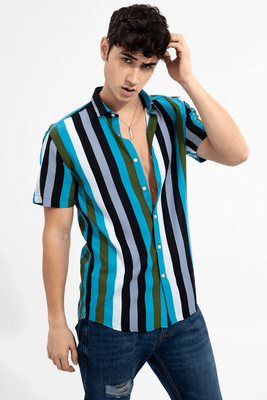 COMBRAIDED Men Striped Casual Blue Shirt