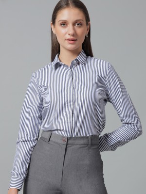 English Navy Women Striped Formal Dark Blue, White Shirt