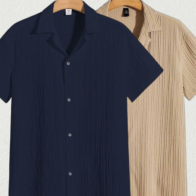 Looksky Men Self Design Casual Dark Blue, Beige Shirt