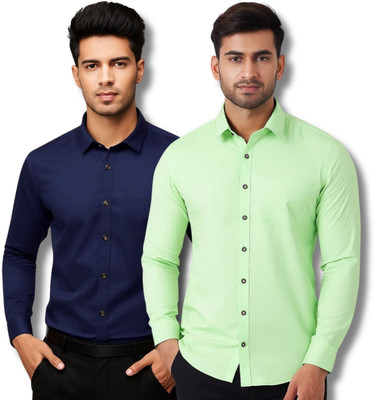 CROWNTAIL Men Solid Casual Dark Blue, Light Green Shirt(Pack of 2)