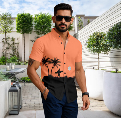 LAMBOO Men Printed, Color Block Beach Wear Orange Shirt