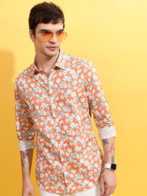 KETCH Men Floral Print Casual Orange, Blue Shirt
