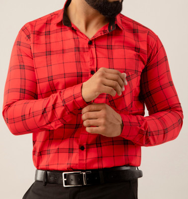 PANKHIL Men Checkered Formal Red Shirt